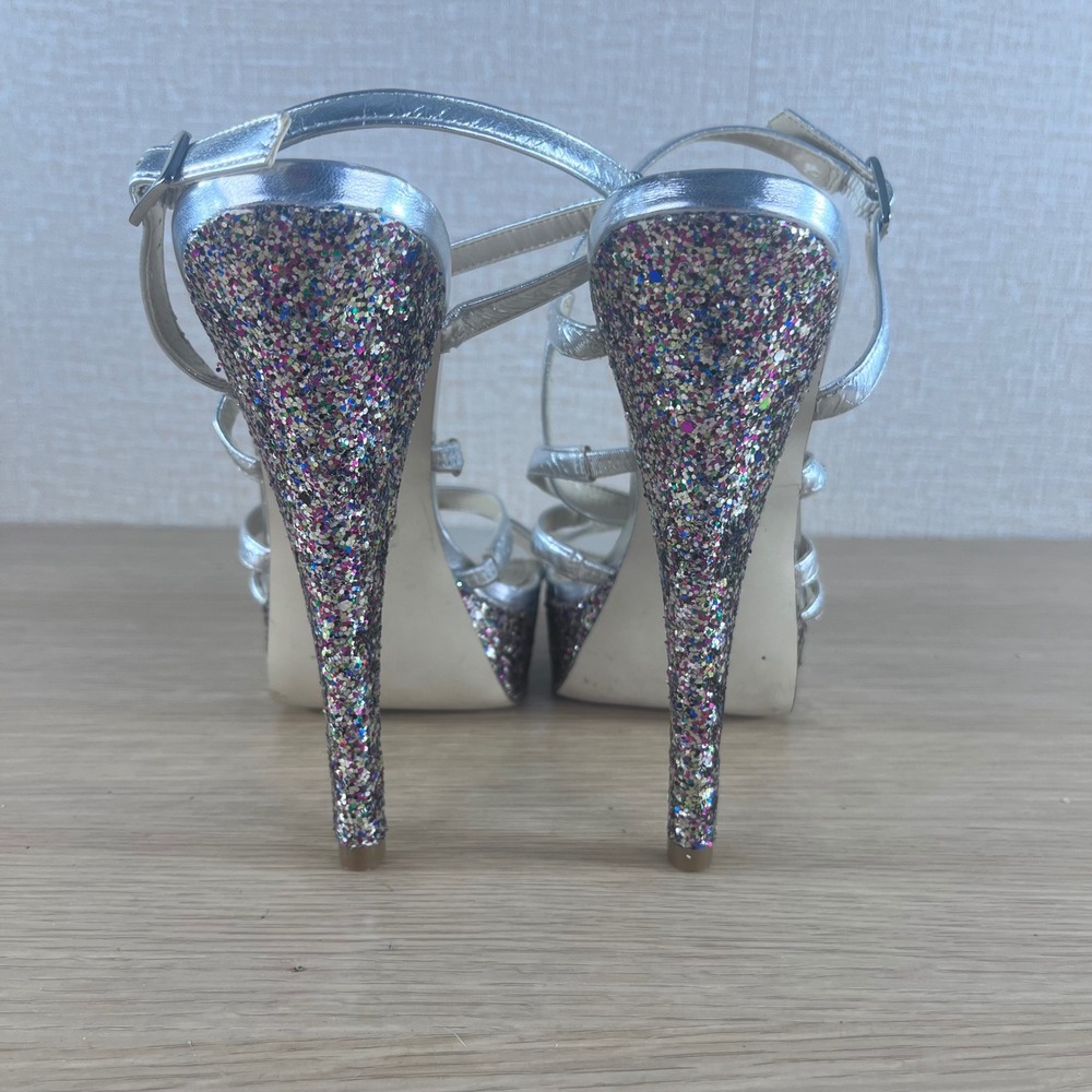 Nine West Warm Candy Silver Metallic Glitter Platform Heels Party Sandals 10 - Picture 5 of 10